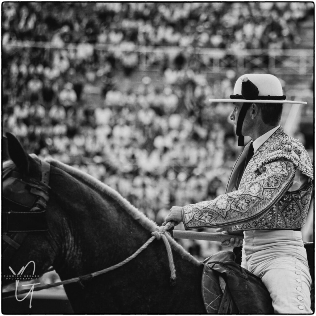 un picador sur son cheval observe le comportement du toro dans l'arène lors d'une corrida.