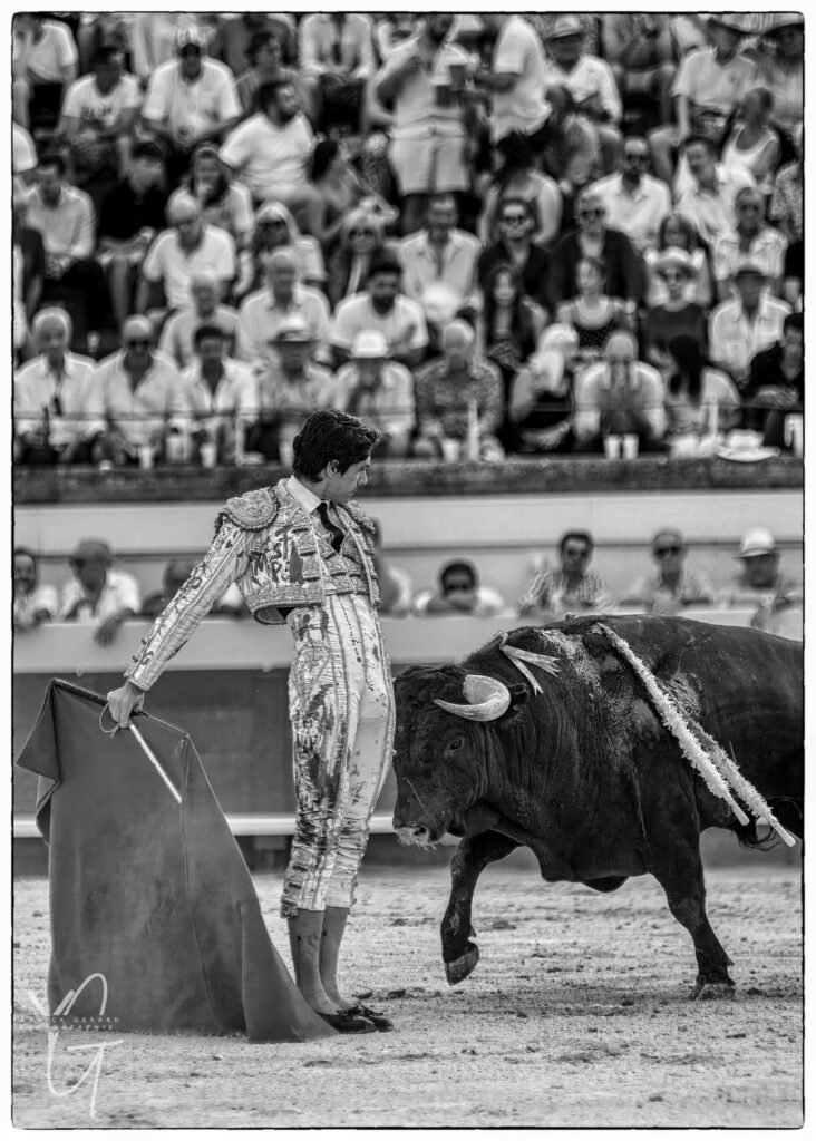 Sébastien Castella face au toro qui charge dans le ruedo des arènes de Béziers lors de la Feria 2025