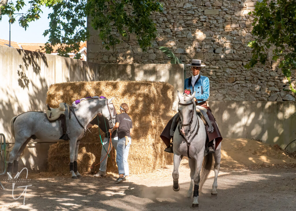 Lea Vicens avec un de ses chevaux avant le début de la corrida à Vauvert