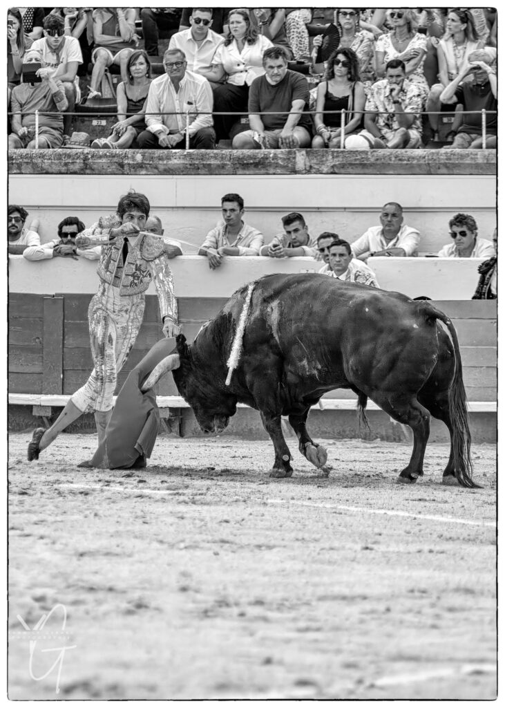 Carlos Olsina porte l’estocade au toro dans un moment d’engagement au centre du ruedo des arènes de Béziers